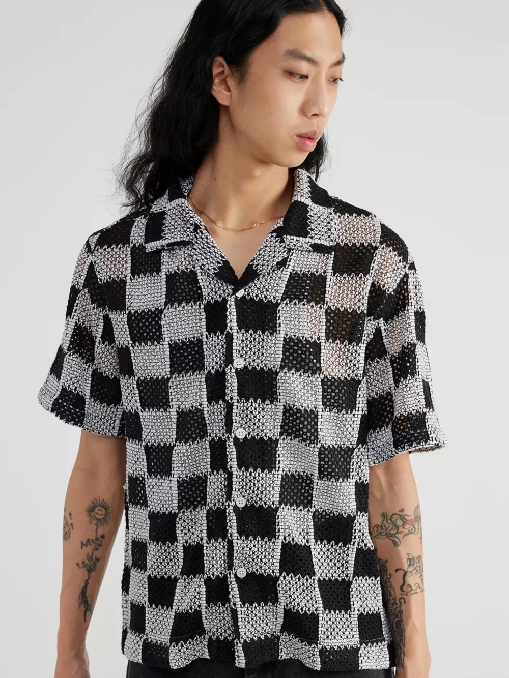 UO Checkerboard Lace Short Sleeve Knit Shirt NWT